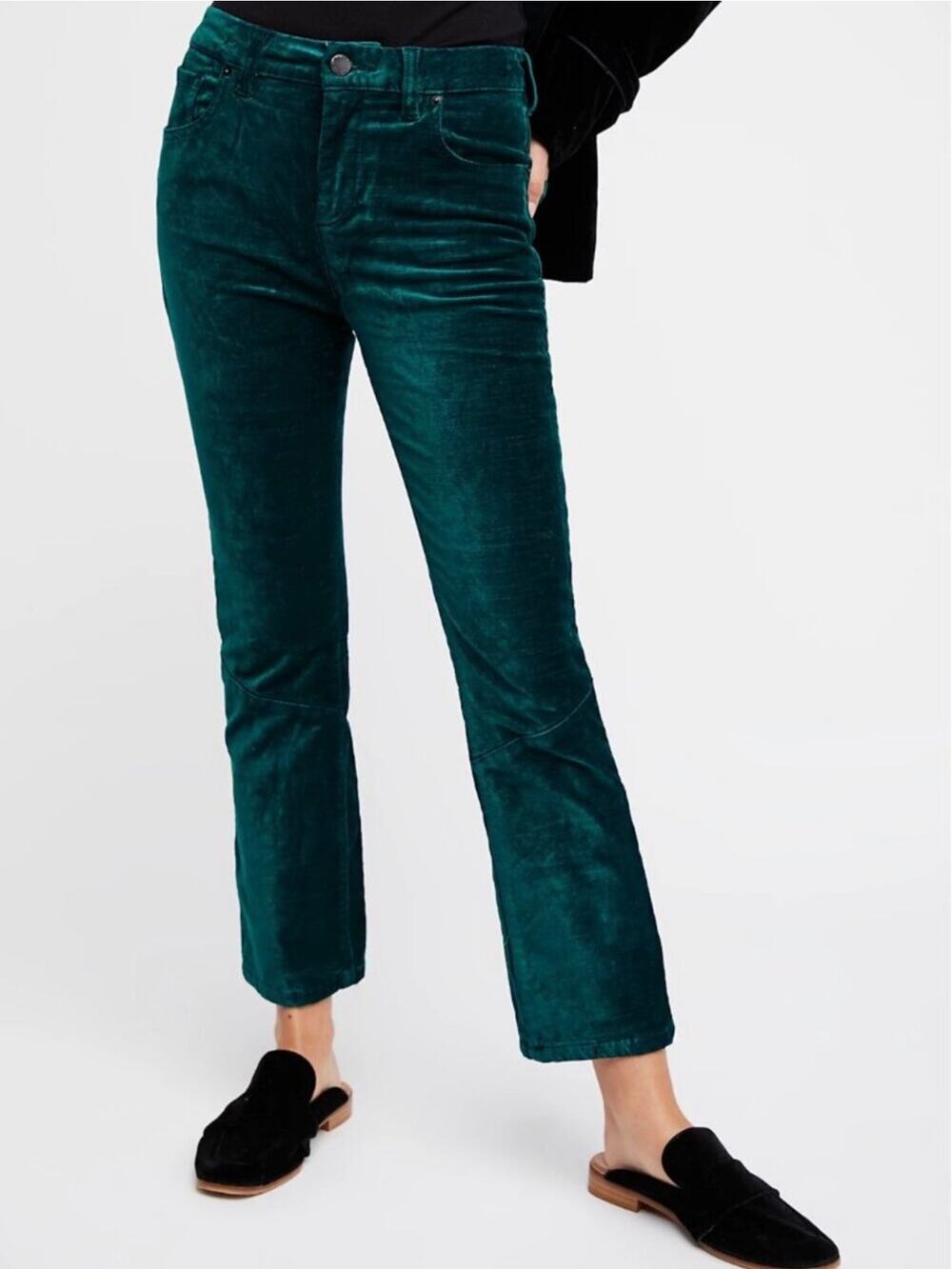 Free People Stretch Velvet Cropped Pants Green Soft Luxurious Womens Size 26